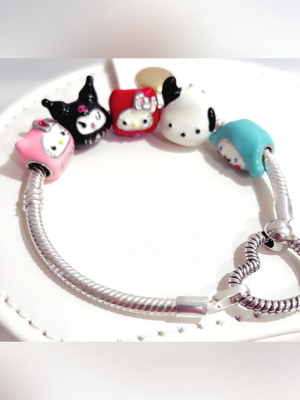 Sterling Silver Heart Closure Snake Chain Bracelet & Silver Sanrio Charms w/bag
